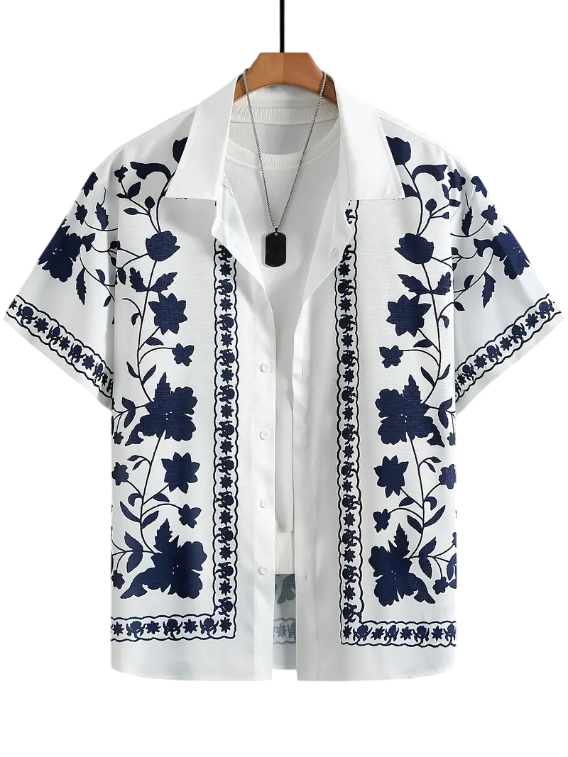 Camisa Cubana de Flor Azul