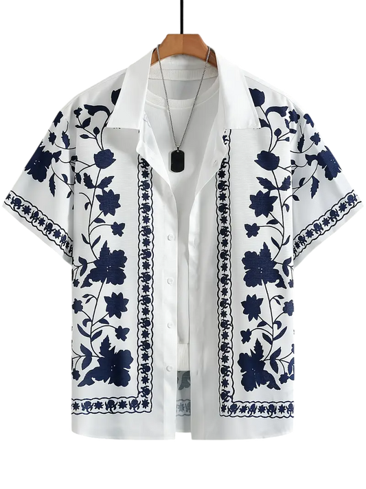 Camisa Cubana de Flor Azul